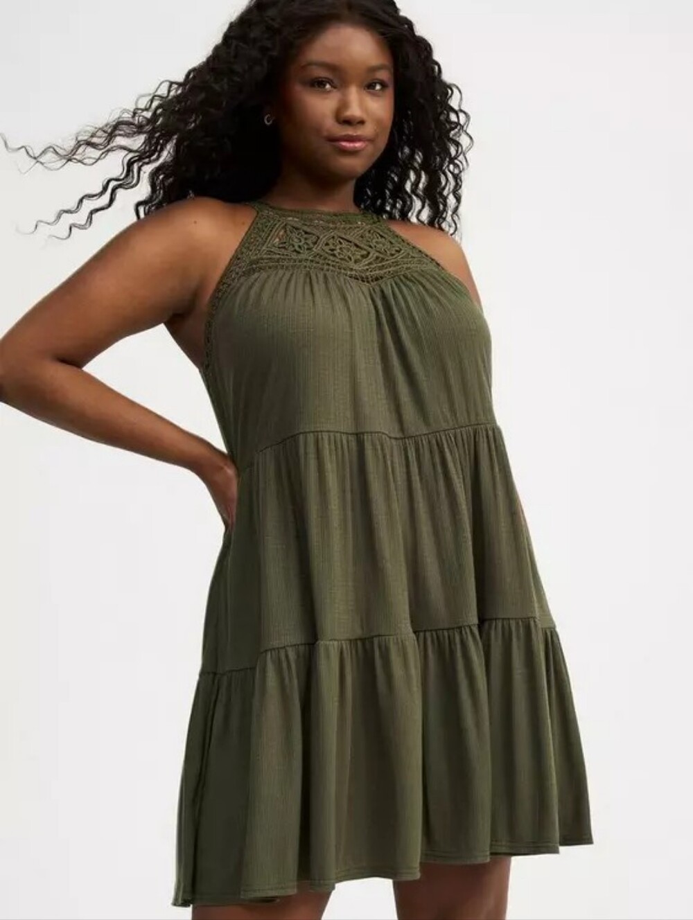 Torrid Crochet Yoke Tiered Dress in Olive Green